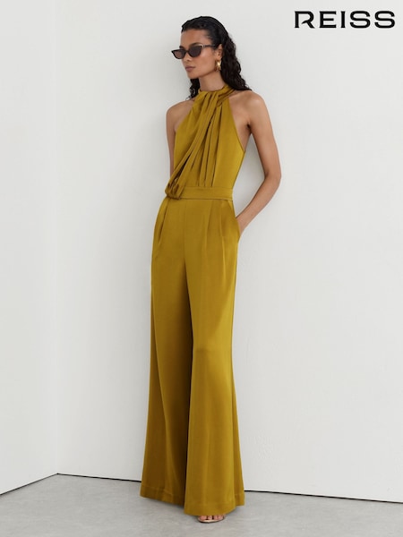 Chartreuse Green - Reiss Finley Satin Draped Wide-leg Jumpsuit