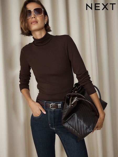 Chocolate Brown - Roll Neck Long Sleeve Top