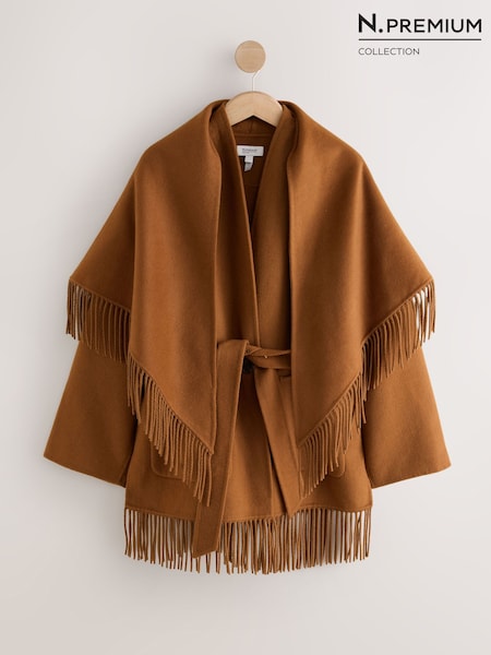 Tan Brown - N.premium Handsewn Fringe Scarf Coat With Wool