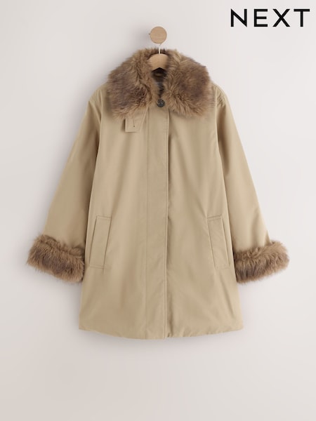 Neutral - Faux Fur Cuff Trench Coat