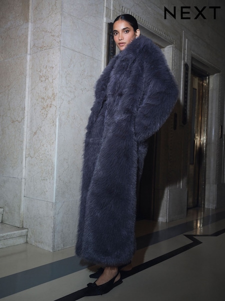 Charcoal Grey - Plush Faux Fur Maxi Coat