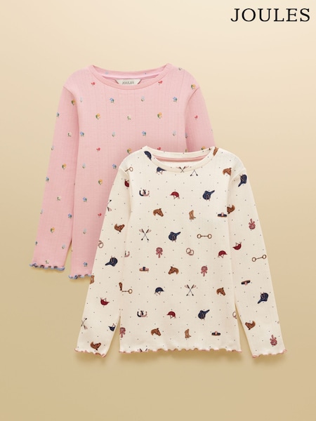 Crema y rosa - Joules Girls' Odelia Pack Of Two Long Sleeve Pointelle Tops