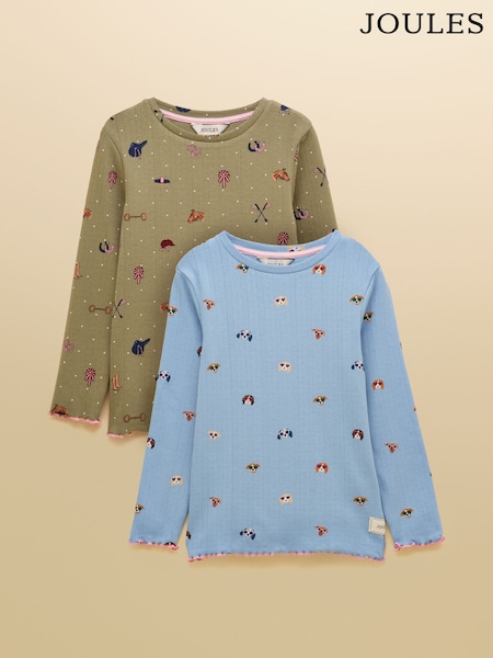 Khaki & Blue - Joules Girls' Odelia Pack Of Two Long Sleeve Pointelle Tops