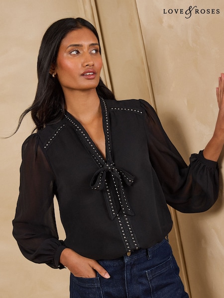 Black - Love & Roses Stud Trim Pussybow Blouse