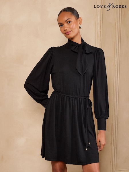Black - Love & Roses Tie Neck Jersey Skater Dress