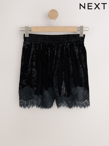 Black - Velvet Shorts With Lace Trim
