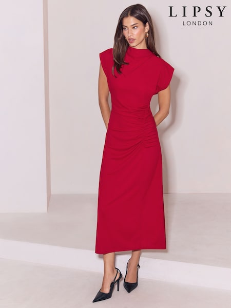 Red - Lipsy Side Ruched High Neck Midi Dress