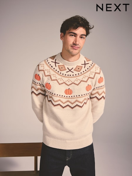 Neutral - Regular Pumpkin Fairisle Knitted Crew Neck Jumper