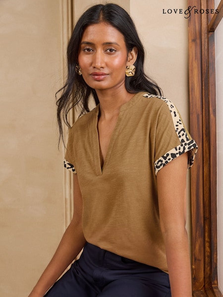 Khaki Green - Love & Roses Tipped Notch Neck Top