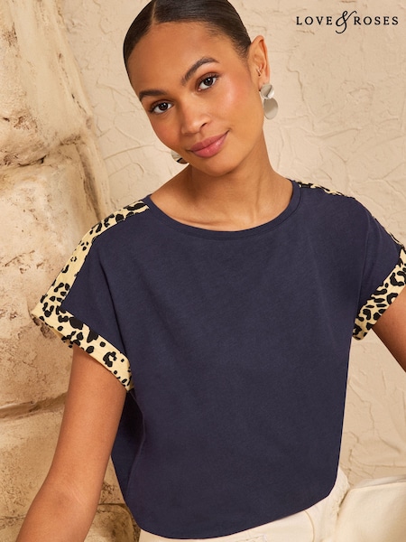 Navy - Love & Roses Crew Neck Animal Tipped T-shirt
