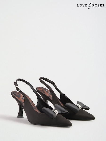 Black - Love & Roses Faux Suede Bow Slingback Court Shoes