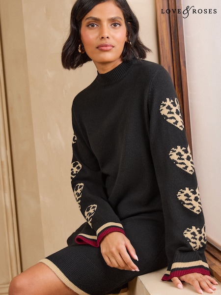 Қара - Love & Roses Leopard Heart Sleeve High Neck Knitted Mini Dress