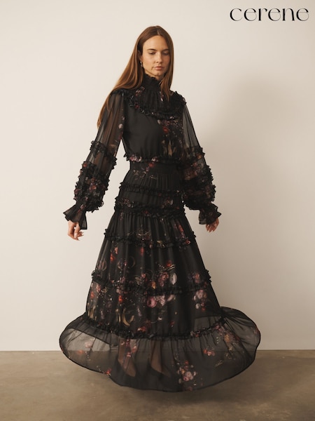 Black Majestic Floral Print - Cerene Long Sleeve Tiered Ruffle Maxi Dress