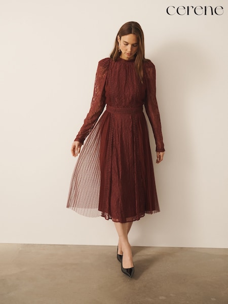 Burgundy Red - Cerene Puff Sleeve Lace Midi Dress