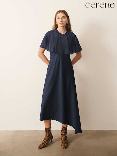 Navy - Cerene Satin Slip Dress With Detachable Sheer Cape