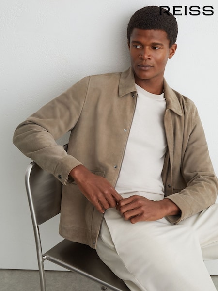 Taupe Brown - Regular Reiss Granual Suede Twin-pocket Jacket
