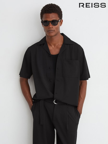 Black - Regular Reiss Russo Cuban-collar Short-sleeve Shirt