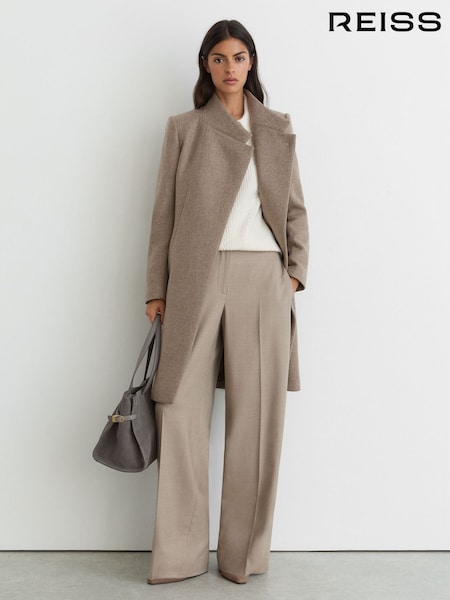 Neutral Melange - Reiss Max Wool-blend Wrapover Mid-length Coat