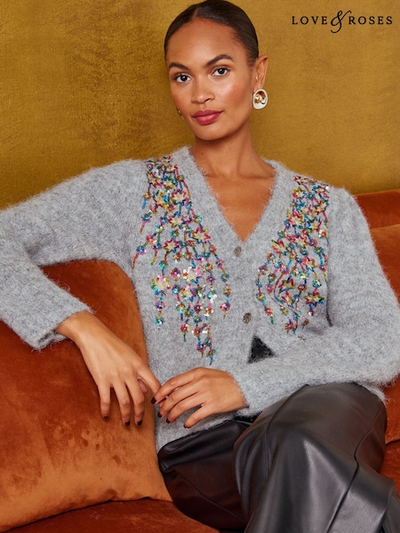 Grey - Love & Roses Multicolored Sequin Detail V-neck Cosy Knitted Cardigan
