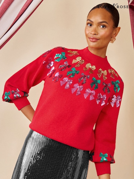 Red - Love & Roses Sequin Bow Detail Funnel Neck Christmas Knitted Jumper