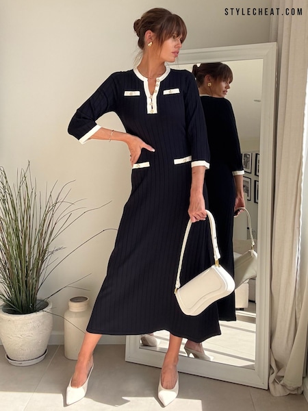 Blue - Style Cheat Contrast Ribbed Pocket Midi Dress