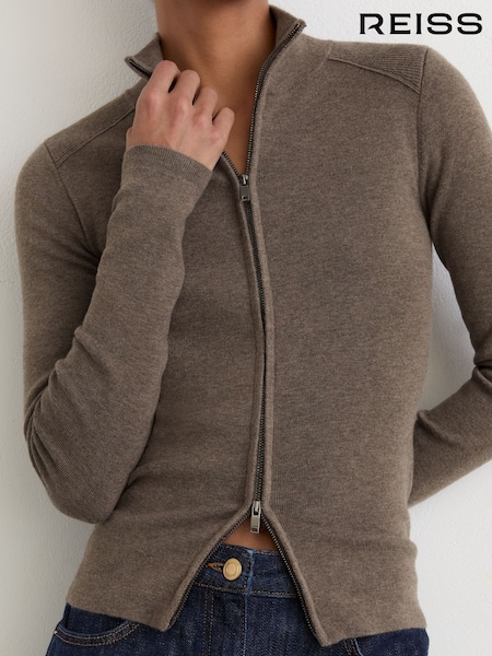 Taupe Neutral - Reiss Ava Wool-blend Knit Zip-through Top