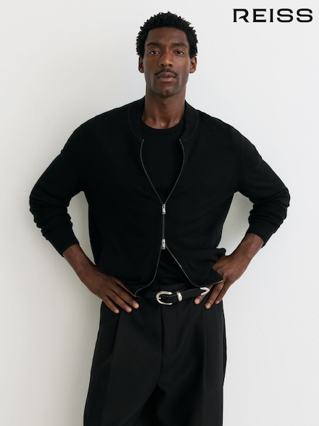 Melns - Regular Reiss Petersham Merino Wool Textured Bomber Cardigan