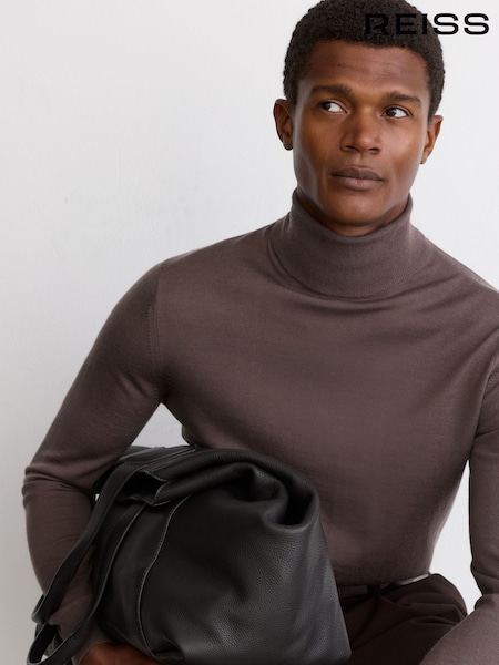 Ridge Brown - Regular Reiss Caine Merino Wool Roll-neck Jumper