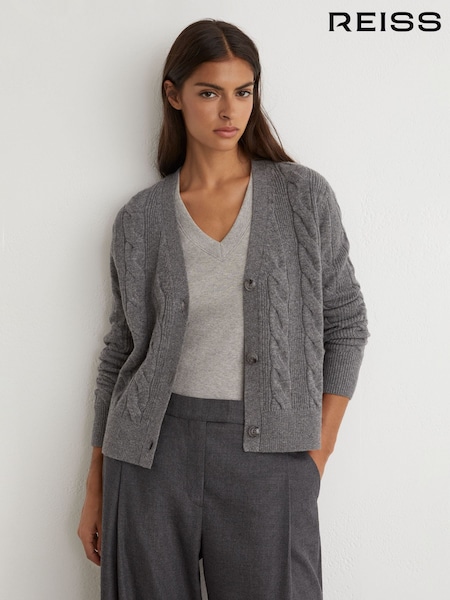 Charcoal Grey - Reiss Elowen Wool-cashmere Cable-knit Cardigan