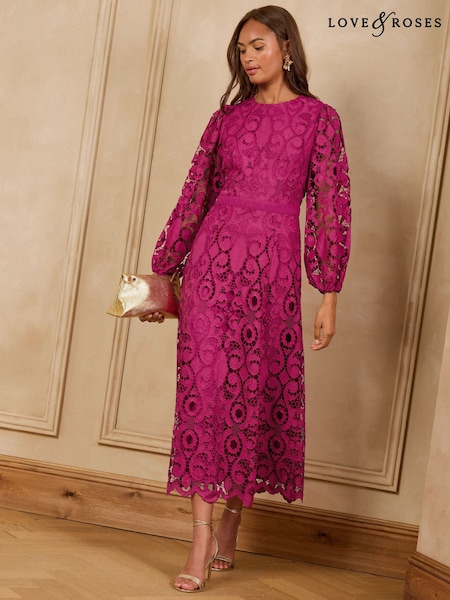 Pink - Love & Roses Long Sleeve Lace Midi Dress