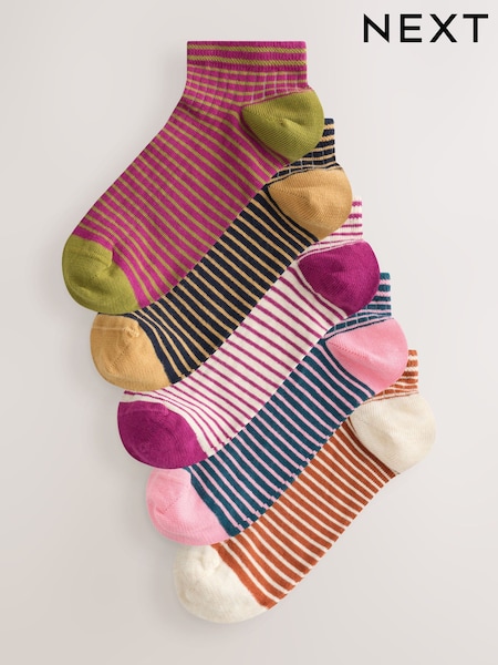 Burgundy Red/Cream - Stripe Trainer Socks 5 Pack
