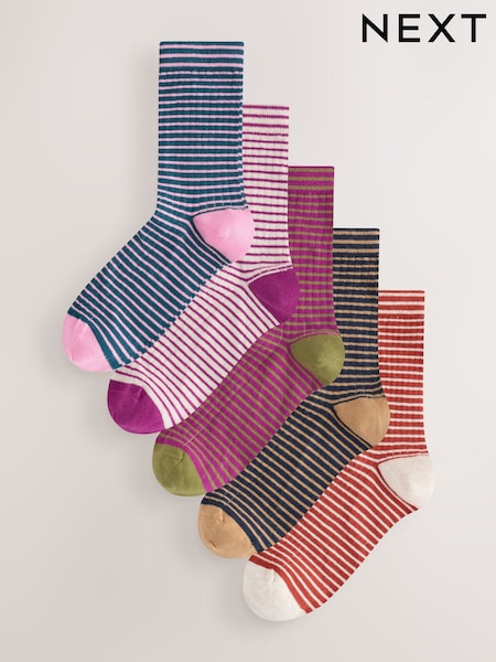 Burgundy Red/Cream - Stripe Ankle Socks 5 Pack