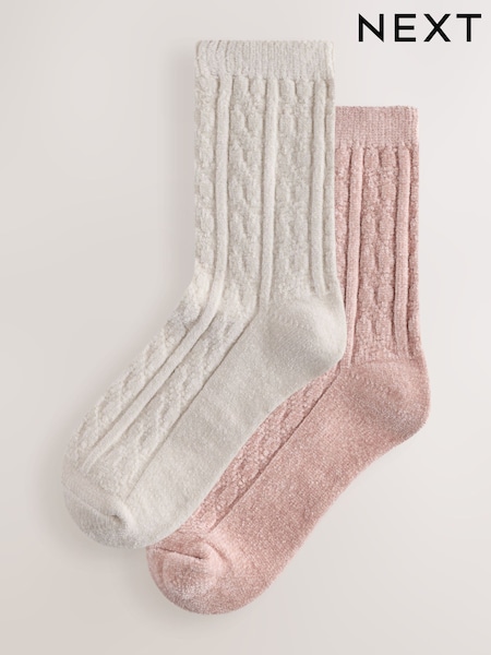 Rose Pink/Cream - Cable Knit Chenille Cosy Socks 2 Pack