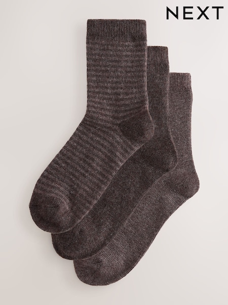 Chocolate Brown Stripe - Thermal Wool Blend Ankle Socks 3 Pack