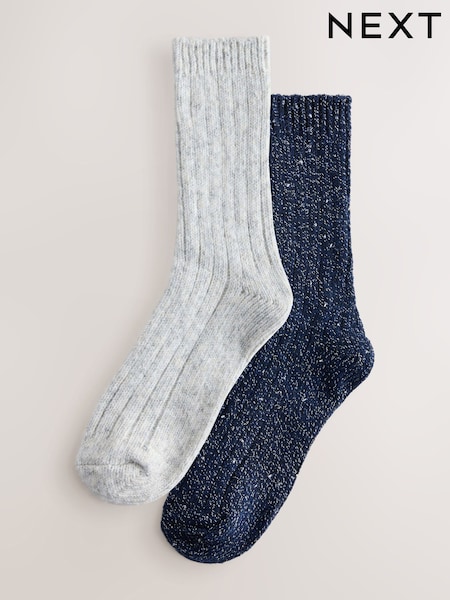 Navy Blue/Silver Grey - Sparkle Knitted Ankle Socks 2 Pack