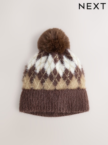 Chocolate Brown Argyle Lurex - Knitted Pom Beanie Hat