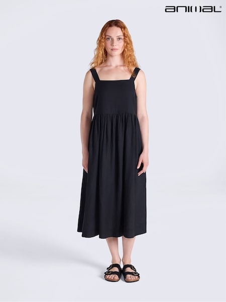 Black - Animal Linen Midi Dress