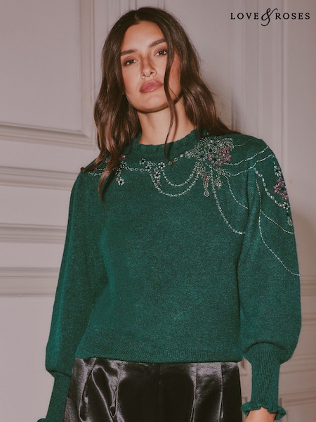 Forest Green - Love & Roses Embellished Frill Neck Knitted Jumper