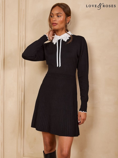 Black - Love & Roses Lace Collared Tie Detail Knitted Mini Dress
