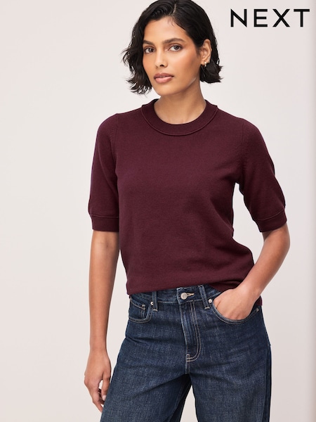 Burgundy Red - Supersoft Short Sleeve Knitted Jumper