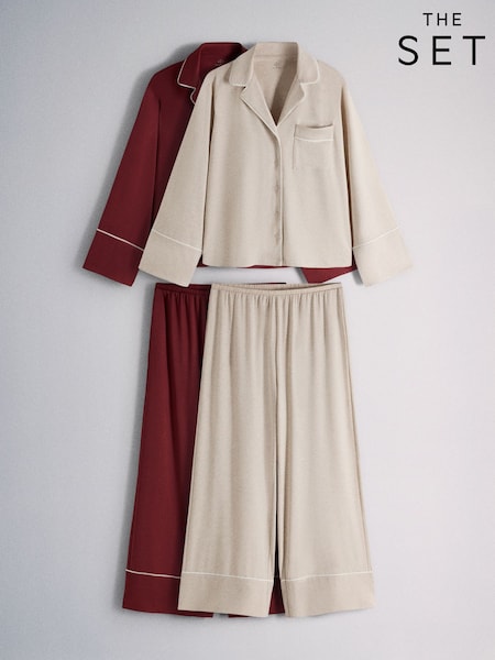 Red/Oat Marl - The Set 2 Pack Viscose Blend Button Through Long Pyjamas