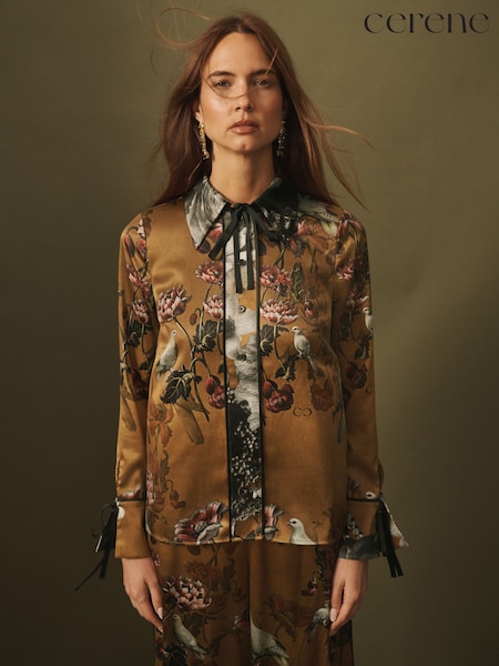 Gold Cerenity Floral Print - Cerene Satin Shirt