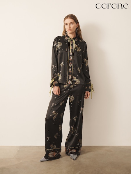 Black Precoius Ditsy Floral Print - Cerene Cerenity Floral Print Satin Shirt