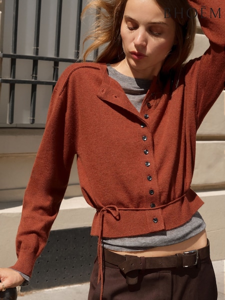 Rostbraun - Langärmelige Strickjacke mit Bindeband