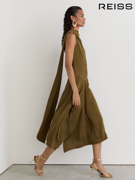 Chaki žalia - Reiss Naomi Satin One-shoulder Draped Midi Dress