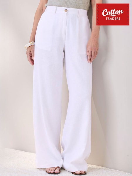 White - Cotton Traders Linen Blend Wide Leg Trousers 29"