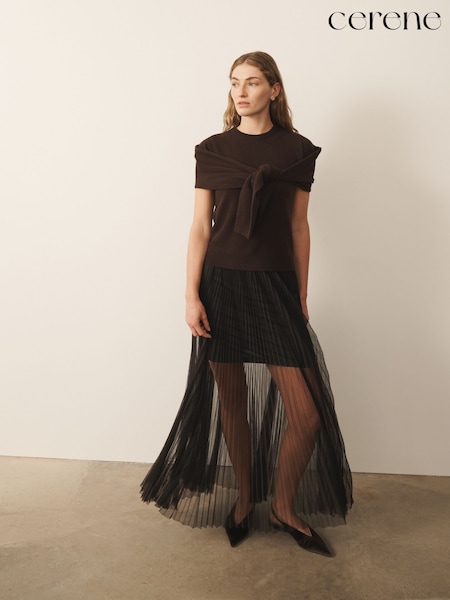 Zwart - Cerene Sheer Mesh Pleated Maxi Skirt