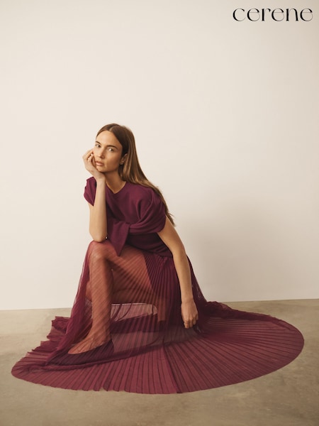 Burgundy Red - Cerene Sheer Mesh Pleated Maxi Skirt