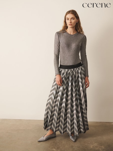Silver - Cerene Metallic Chevron Pleated Midi Skirt