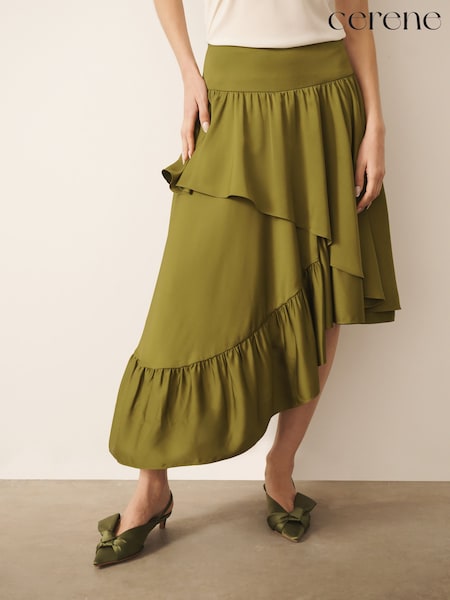 Verde - Cerene Asymmetric Ruffle Satin Midi Skirt